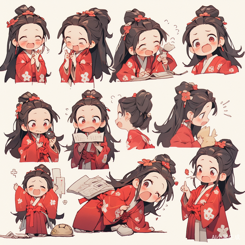 小女孩红色汉服的线条艺术贴纸