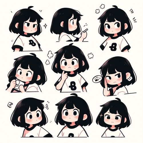 a cute little girl with black hair , wearing a blank t - sh irt , looking at the viewer ,4 emoticons , an expression Symbol table , a variety of poses and expressions , anthropomorphic style , different emotions , close up , upper body of the character , abstract , hand - drawn illustration , minimalist graphic , line art , monochrome , bold outline , bold strokes , line drawing , minimalism , in the style of wnwnmemo , white background ,8k