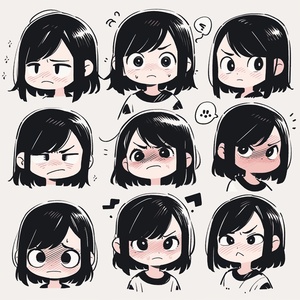 a cute little girl with black hair , wearing a blank t - sh irt , looking at the viewer ,4 emoticons , an expression Symbol table , a variety of poses and expressions , anthropomorphic style , different emotions , close up , upper body of the character , abstract , hand - drawn illustration , minimalist graphic , line art , monochrome , bold outline , bold strokes , line drawing , minimalism , in the style of wnwnmemo , white background ,8k