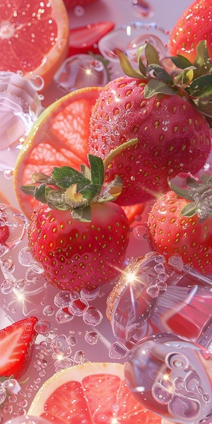 A few photos of strawberries and grapefruits,sparkling water, light pink and transparent texture style, anime aesthetics, interesting complexity, berry punk, gorgeous colors