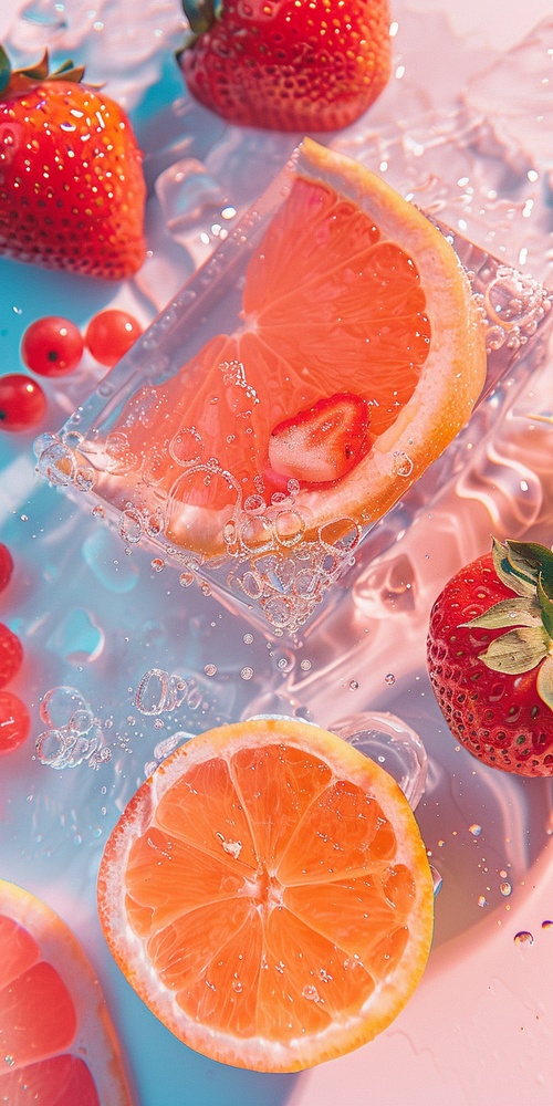 A few photos of strawberries and grapefruits,sparkling water, light pink and transparent texture style, anime aesthetics, interesting complexity, berry punk, gorgeous colors