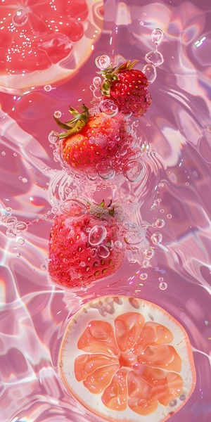 A few photos of strawberries and grapefruits,sparkling water, light pink and transparent texture style, anime aesthetics, interesting complexity, berry punk, gorgeous colors