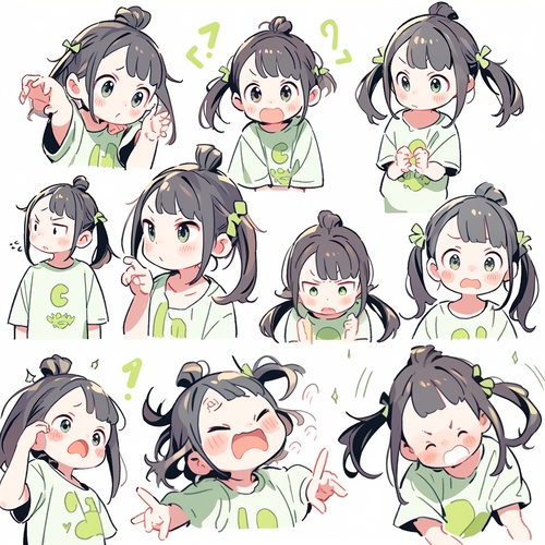 a cute little girl with a ponytail, wearing a light green T-shirt, looking at the viewer ,4 emoticons , an expression Symbol table , a variety of poses and expressions , anthropomorphic style , different emotions , close up , upper body of the character , abstract , hand - drawn illustration , minimalist graphic , line art , monochrome , bold outline , bold strokes , line drawing , minimalism , in the style of wnwnmemo , white background ,8k