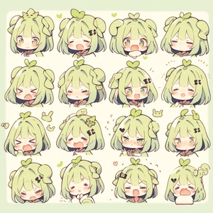 a cute little girl with a ponytail, wearing a light green T-shirt, looking at the viewer ,4 emoticons , an expression Symbol table , a variety of poses and expressions , anthropomorphic style , different emotions , close up , upper body of the character , abstract , hand - drawn illustration , minimalist graphic , line art , monochrome , bold outline , bold strokes , line drawing , minimalism , in the style of wnwnmemo , white background ,8k