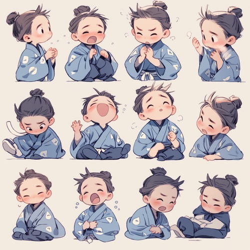 A little boy in a blue robe , traditional clothes , animated character design , Chinese painting , light gray , cute , modest charm , emoticon package ,9 emoticons , emoticon Symbol table , multiple postures and expressions , anthropomorphic style , black strokes , different emotions , multiple poss and expressions ,8k