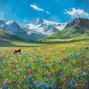 grasslands, herdsman, Cattle, snow-capped mountains, wildflowers blooming all over the grassland, a vibrant scene， blue Sky, fine brushwork