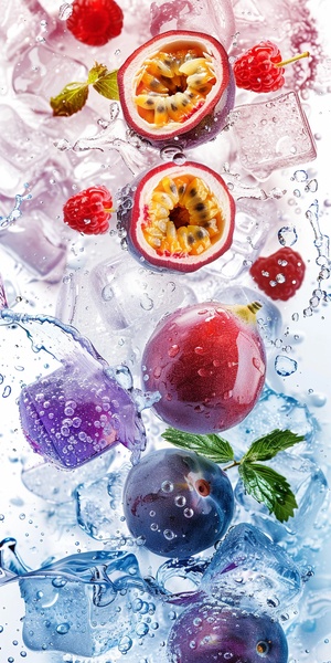 Several photos of passion fruit and water, ice cubes, light transparent texture style, interesting complexity, berry punk, gorgeous colors, 32k,original style, stylized 250 -ar 3:4