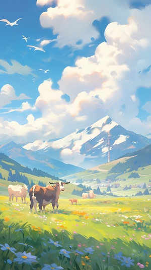 grasslands, herdsman, Cattle, snow-capped mountains, wildflowers blooming all over the grassland, a vibrant scene， blue Sky, fine brushwork