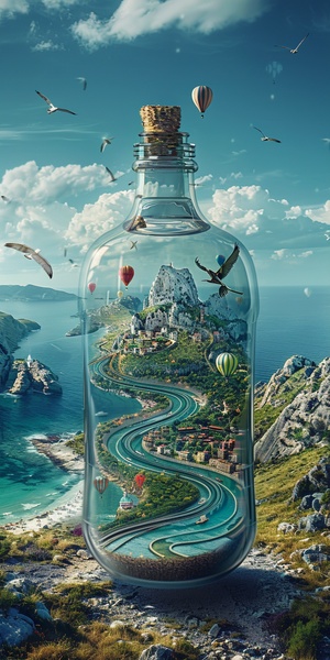 A transparent glass bottle with spiraling roads,cities, placed on an island, surrounded by sea water, hot air balloons, blue skies, real texture,commercial photography, superior sense,fantastic, epic, HD 8k