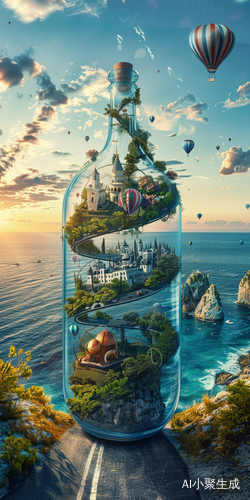 Spiraling Glass Bottle: Epic HD 8k Photography on an Island