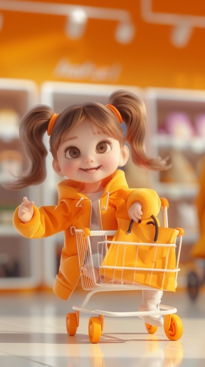 A little cute girl is sitting in a shopping cart, holding a bag in her hand, with a happy expression on her face,clean background,3D rendering,Orange and white,modern style, fashion and simplicity, C4D, ultra high definition, 8k, high quality,blender