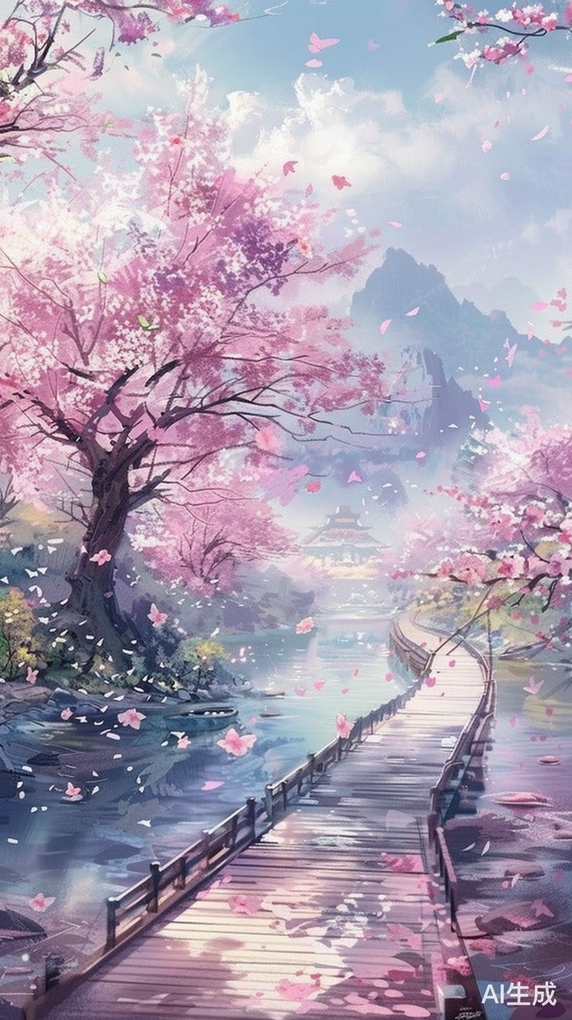 小河边的樱花树和木桥路