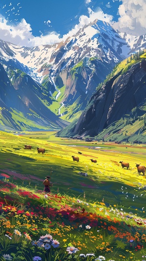 grasslands, herdsman, Cattle, snow-capped mountains, wildflowers blooming all over the grassland, a vibrant scene， blue Sky, fine brushwork