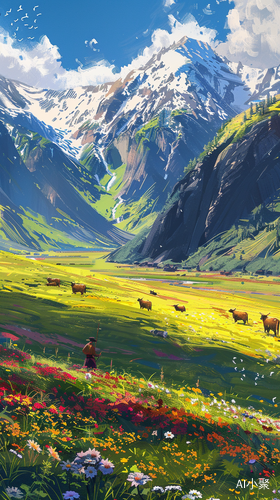 Vibrant Scene of Grasslands and Snow-capped Mountains