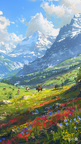 Vibrant Scene of Grasslands and Snow-capped Mountains