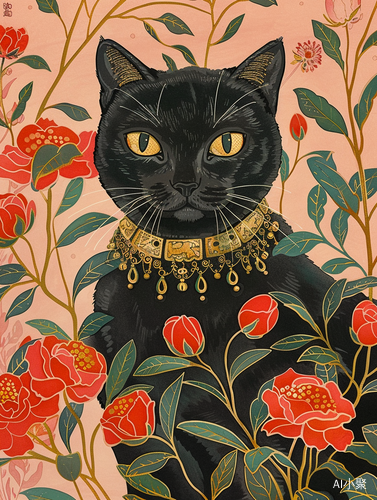 Black Cat with Yellow Eyes: a Colorful and Intricate Woodcut Artwork in Chinese Traditional Style