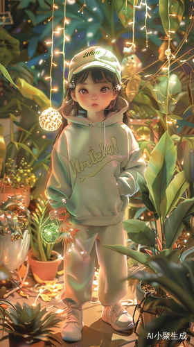 Festive Little Girl with Baseball Bat and Green Plant