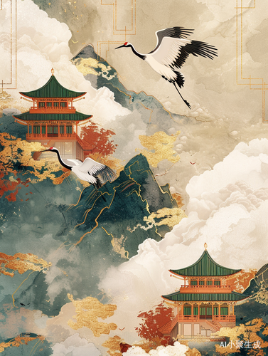 中国建筑与风景特色的极简主义海报