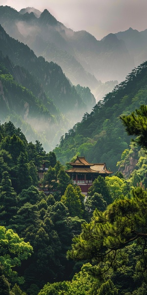 幽静的夏日山间，树木郁郁葱葱，景深