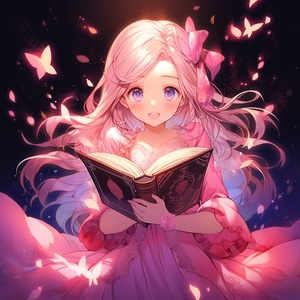 A beatutiful young girl who smiles, wearing a pink dress with long and straight hair her hands holding an English novel. She has big black eyes. Background: in a magic school; pink dress ;high quality