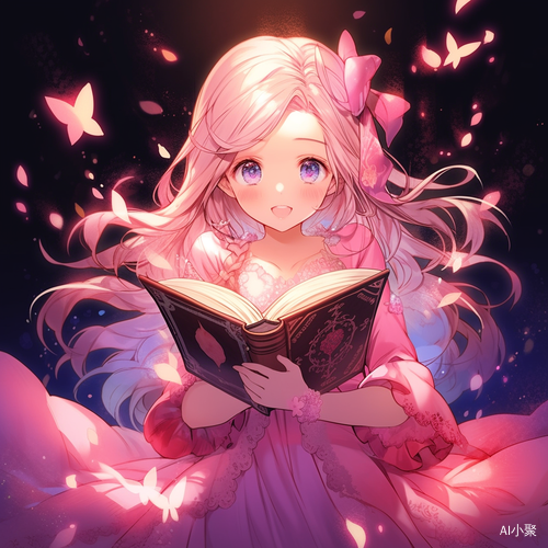 Beautiful Girl in Pink Dress with English Novel in a Magic School