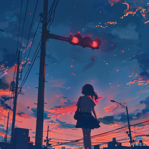 Dreamy Anime: A Delicate Girl Observing the Scenery at the Intersection