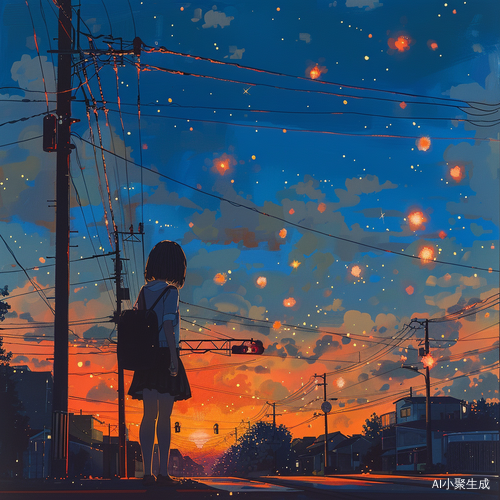 Dreamy Anime: A Delicate Girl Observing the Scenery at the Intersection