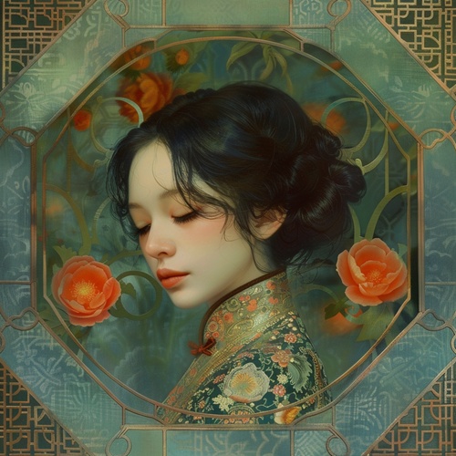 William Morris，Ray Caesar，Guweiz，Zdzislaw Beksinski，倪传婧，暗黑魔幻，怪诞梦境，春天，美艳，漂亮，中式建筑，透过一个中式六角窗，窗外鸢尾花,一个绝美的少女身穿清朝服饰，精致五官，复杂的发髻，满头的碧玺步摇头饰，没有血色的肌肤，大清盛世，裙摆飞扬，气势磅礴，王座，权杖，鸢尾花，艺术品风格的古维兹女孩，美丽的花为背景，Alfons Maria Mucha，x-ray，线条插画，景深，wlop，艺术绘画，陈家泠，近景模糊，8k，高清，超高细节，有层次的背景，叶瑞琨