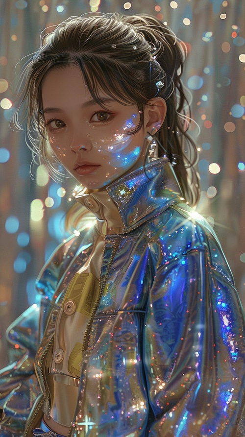 Front view,Beautiful and cool 20-year-old girl wearing super fashionable iridescent blue and Golden suit, midrange portrait ,Heart to heart movements,bright and simple surreal background, surreal character, fair face, author: Hajime Sorayama, Tetsuo Hara, Yuki kamei, Makoto Shinkai, Studio Ghibli, Nikon D850, 32K ar 9:16 style raw sref 1575816549 stylize 750 niji 6