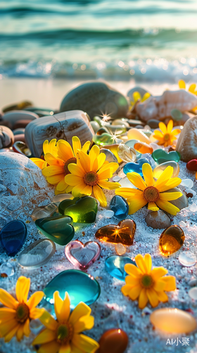 Spring Seascape: Yellow Daisies, Glass Pebbles, and Luminous Colors