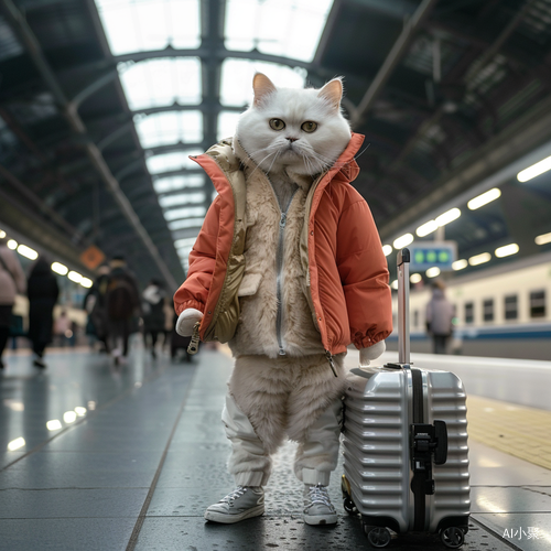 Cute White Cat Holding Aluminum Trolley at Chinese High-Speed Rail Station