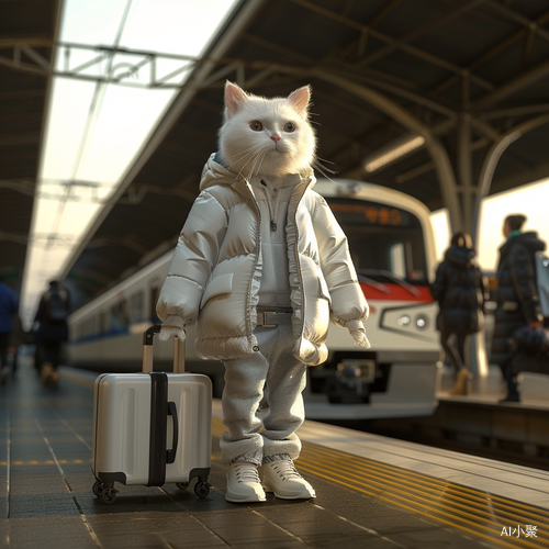 Cute White Cat Holding Aluminum Trolley at Chinese High-Speed Rail Station