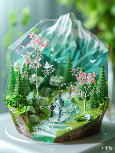 Sparkling 3D Glass Landscape with Translucent Details