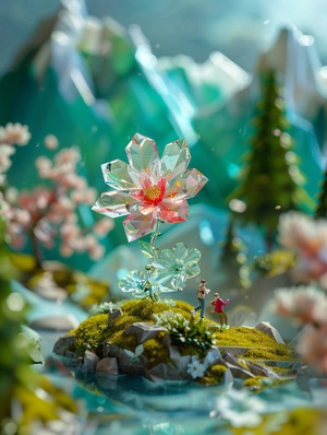 3D miniature lanDscape, spring, glass flowers, mountain forest, glass green leaves, transparent trees, people walking on the roaD, white anD pink, blue sky, glass texture, transparency, Soft sculptural, Dream-realist-style renDering of scenes using a wiDe-angle lens anD Depth of fielD to create a paper-art illustration-style octagonal renDering, Sparkling anD translucent, axial photographic effects anD ultra-clear Details, bright colors, bolD color combinations, blurreD foregrounD.