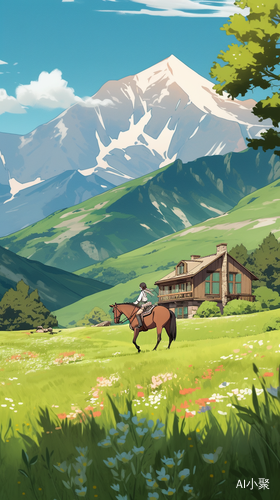 Rider in Green Landscape with Snowcapped Mountains