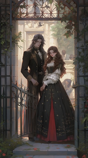 Back garden of the castle, prince and princess in sharp suits, facing the camera for a photo, animated characters, gothic style, light and splendor, front view, fine costumes,lithography, dappled light, romantic scholarship, Mantick,Art Deco