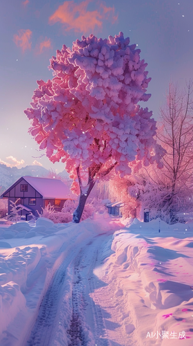 美丽雪景，温馨小房子和爱心树