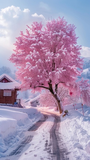 这是一个美丽的雪景，有一条雪路，路的旁边有温馨的小房子，旁边有一棵超大的粉紫色的爱心树，心型的树，爱心树的俩边也有温馨的小房子，雪非常的厚，正视图，超广角镜头、8k，