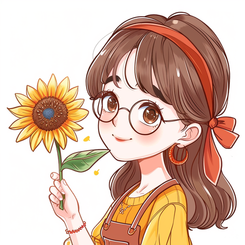 Cute Cartoon Girl with Sunflower and Glasses