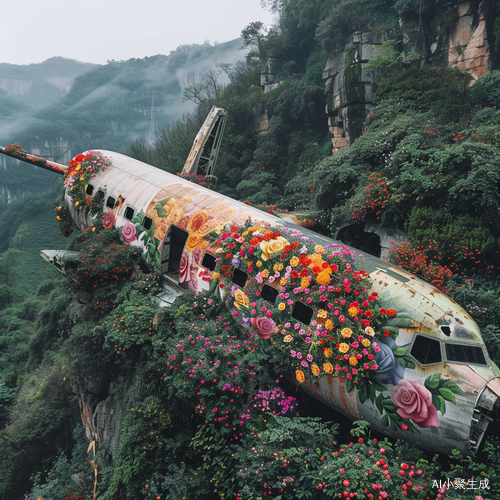 中国山区废弃飞机上的五彩玫瑰花