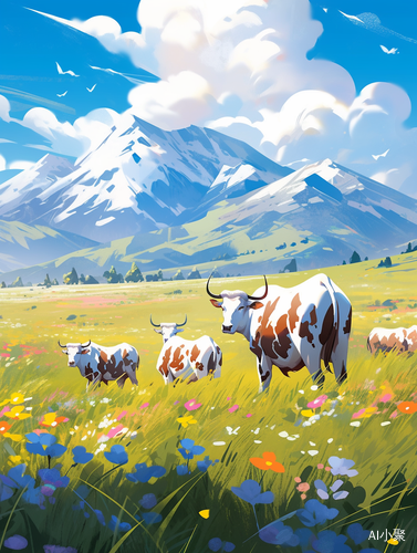 Vibrant Grasslands: Herdsman and Cattle Amidst Snow-Capped Mountains