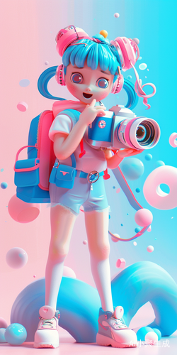 Cute Photographer Character in Motion with Blue and Pink Colors