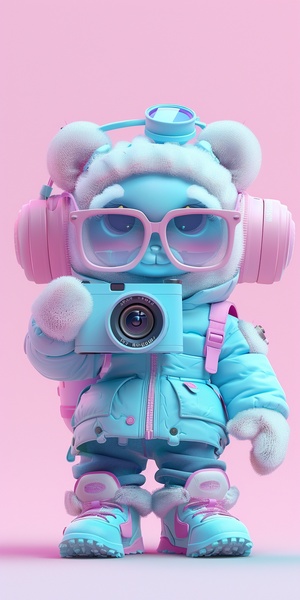 a cute photographer character depicted inmotion, usage of blue and pink colors