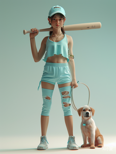 Confident Little Girl with Baseball Bat and Curious Puppy