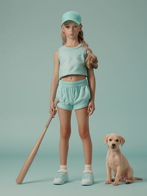 Envision a charming little girl adorned with a baseball cap, dressed in a light blue sportswear ensemble consisting of a short-sleeved top and matching shorts. She holds a baseball bat casually slung over her shoulder, standing confidently centered in the frame. Beside her, a small puppy gazes curiously at the screen. The background is a simple, solid color, providing a clean canvas that highlights the scene with a soft, diffused lighting reminiscent of a professional photography studio. The image is render