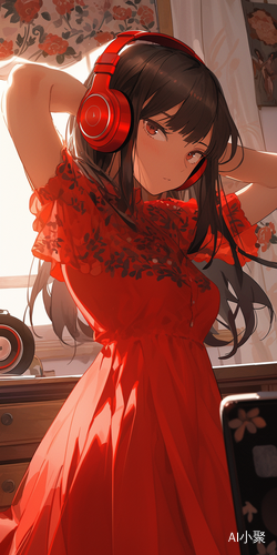 A Girl in a Red Dress Listening to Music in Her Bedroom