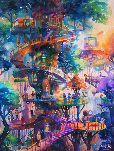 Futuristic Playground: A Magical Watercolor Painting