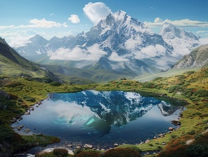 A stunning photograph of the majestic Himalayas, with towering peaks reflecting in crystal clear lakes and lush greenery stretching as far as the eye can see. The sky is a clear blue with fluffy white clouds adding to its grandeur. A sense of awe inspiring beauty surrounds you as if time has come alive. The photograph appears to be in the style of a landscape artist capturing the natural beauty of the Himalayas.