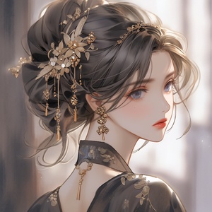 Beautiful anime girl, portrait of an elegant lady in the style of light gold and dark gray, romantic manga in the style of dark white and indigo, charming character illustrations with soft lighting, elegant hair accessories with exquisite headwear and hairpin earrings, gentle expression and delicate skin, high resolution and high detail front view in a Chinese painting style