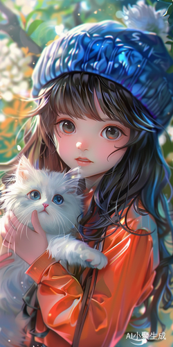 Cute Girl with White Kitten in Dreamy Anime Style